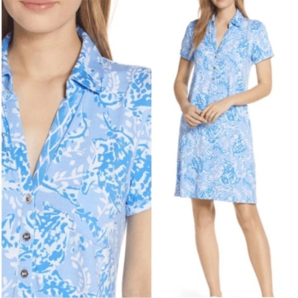 Lilly Pulitzer Peri Turtley Polo Women Size L Dress Sadie Blue White Gold Button - Picture 3 of 13